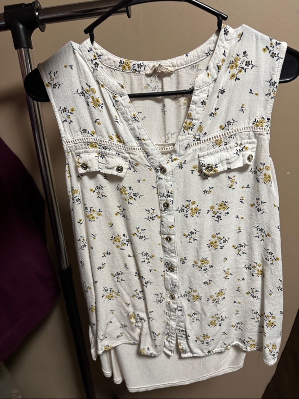 Sleeveless White Floral Button-Front Top